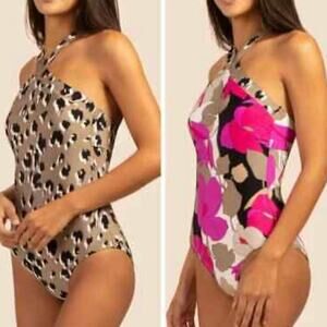 Trina Turk Reversible Lynx High Neck Ruffle Swimsuit One Piece Multicolor 8 EUC